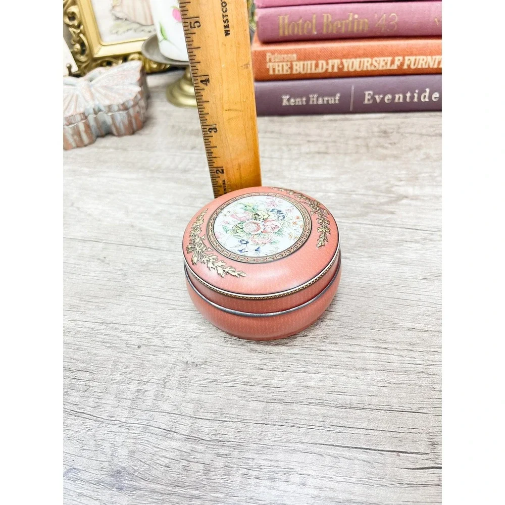 Vintage Pink Floral Tin, Gold Metal Storage Tin Made in England